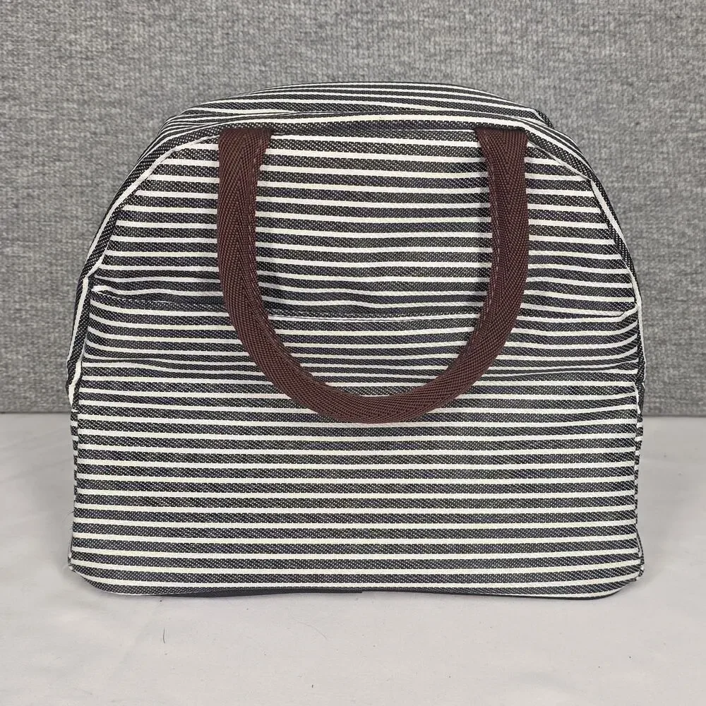 COMFYTIME INSULATED LUNCH BAG – BLACK/WHITE STRIPES – ZIP TOP / THERMAL LINING